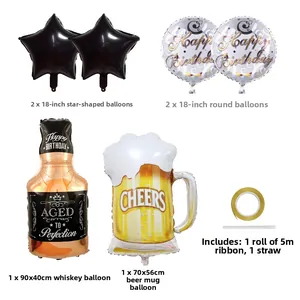 Détails du kit anniversaire avec ballons bouteille de whisky, chope et étoiles