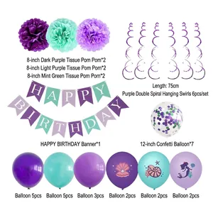 Kit fête sirène avec fleurs en papier, ballons et bannière Happy Birthday pour anniversaire