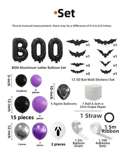 Detailed Halloween balloon arch kit with BOO foil balloons, 3D bats, and latex balloons