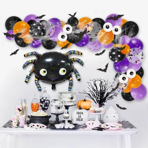 Halloween party decoration kit with giant spider foil balloon and orange purple balloon arch