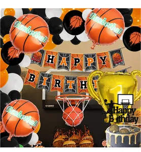 Detail of basketball party set including champion trophy and orange latex balloons
