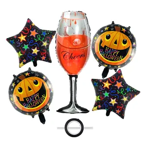 5-piece Halloween foil balloon set with champagne cup, pumpkin rounds and black stars