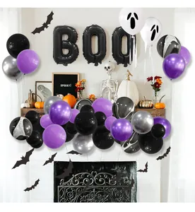 Halloween balloon arch kit with purple, black latex balloons and BOO foil balloon decor