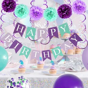 Kit anniversaire sirène avec bannière, fleurs en papier violettes et spirales