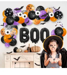 Halloween balloon arch kit with BOO letter balloons and 3D bat stickers for home decor