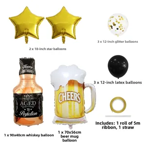 Détails des ballons whisky et bouteille de bière avec étoiles dorées pour décor de fête
