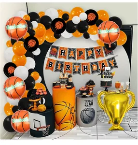 Detailed basketball theme party set with orange balloons, trophies and birthday banners