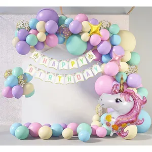 Kit anniversaire licorne avec ballons pastel et bannière joyeux anniversaire