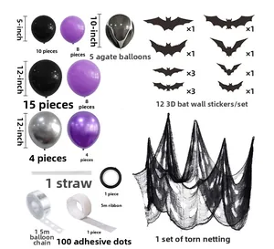 Detailed set contents showing black purple balloons, 3D bats, and mesh for Halloween party
