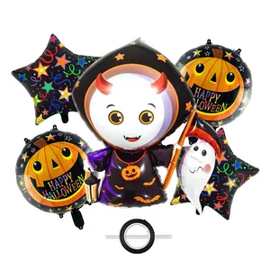 Detailed Halloween balloon kit with Grim Reaper, pumpkin, star foils and tools for parties