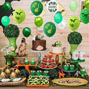 Dinosaur birthday party decoration set with green latex balloons and jungle themed supplies