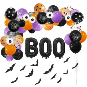 Halloween Balloon Arch Garland Kit Black BOO Foil Balloons Orange Purple Latex Balloons Bat Stickers Spider Web Party Decor
