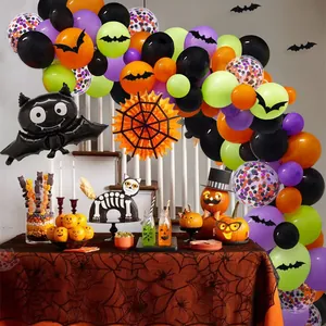 Kit de Arco de Globos de Halloween Látex y Papel de Aluminio Con Pegatinas de Murciélago 3D Abanico de Papel Telaraña Decoración de Fiesta Multicolor