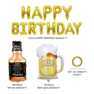 Détail de ballons en aluminium bouteille de whisky et chope avec kit de joyeux anniversaire
