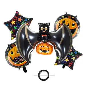 Halloween foil balloon set including pumpkin bat, star shapes, and Happy Halloween motifs