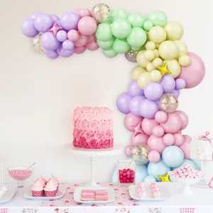 Macaron pastel balloon arch kit with star foil balloons and gold sequins for birthday party