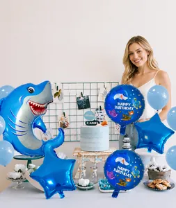 Kit de globos de cumpleaños con tema de tiburón azul para fiesta oceánica