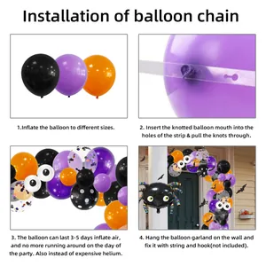 Detail showing the step-by-step assembly of the Halloween balloon arch kit with purple and orange