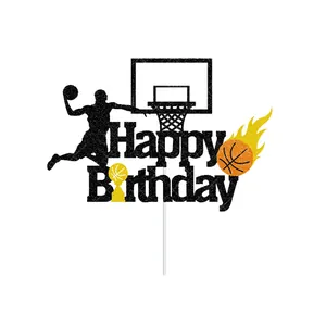 Glitter basketball cake topper with slam dunk silhouette and Happy Birthday text