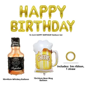 Kit de ballons bouteille de whisky et bière avec lettres Happy Birthday et ruban doré