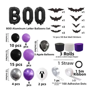 Detail view of Halloween balloon arch kit with BOO foil balloons and 3D bat wall stickers