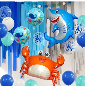 Globos de aluminio de tiburón y cangrejo con decoraciones de fiesta tema océano Happy Birthday