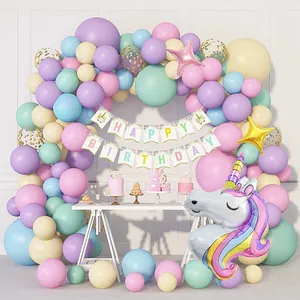 Kit déco licorne avec arche de ballons pastel, bannière d'anniversaire et ballon en alu
