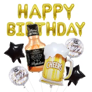 Kit de ballons en aluminium whisky et bière pour anniversaire avec étoiles dorées et noires