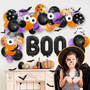 Halloween balloon arch kit with BOO foil letters, black bats, and purple orange latex balloons