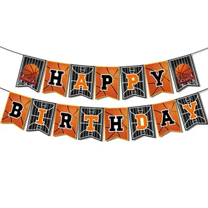 Detail of basketball themed Happy Birthday banner with orange court and net patterns