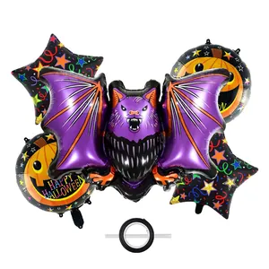 Detail of Halloween balloon kit with purple bat, pumpkin prints and star foil balloons