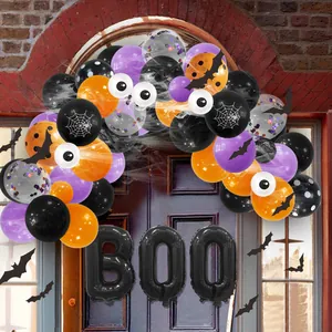 Halloween balloon arch kit with BOO foil balloons, 3D bats, and spider webs for porch decor