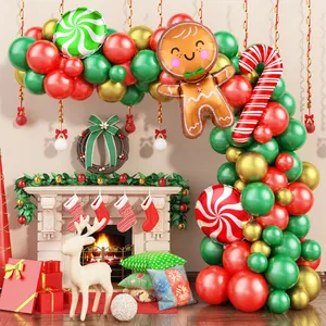 Christmas Gingerbread Man Balloon Arch Kit Red Green Gold Latex Aluminum Foil Candy Cane Balloons For Holiday Party Decoration