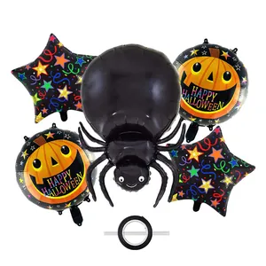 5-piece Halloween foil balloon set with black spider, pumpkin graphics and star shapes