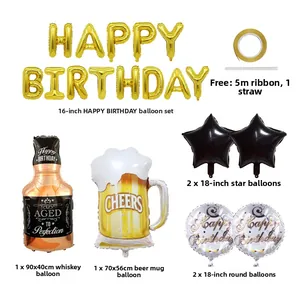 Kit de ballons bouteille de whisky et bière avec lettres dorées Happy Birthday