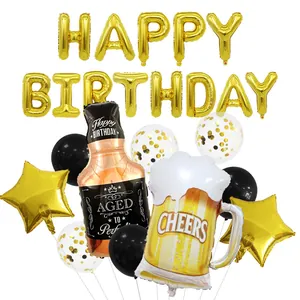 Détail de ballons en aluminium whisky et bière avec étoiles pour fête d'anniversaire