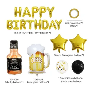 Détail du set de ballons en aluminium bouteille whisky et bière pour anniversaire