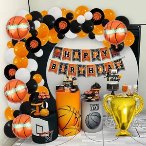 Basketball theme party decoration kit with orange black balloons and champion trophy