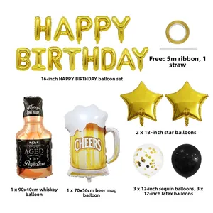 Kit de ballons de fête noir et or avec bouteille de whisky et étoiles en aluminium