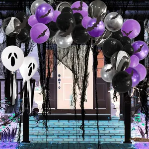 Halloween balloon arch kit with purple black latex balloons and ghost bat decorations