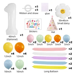 Detail set of daisy flower party decor with 40-inch white number 1 balloon and macaron latex