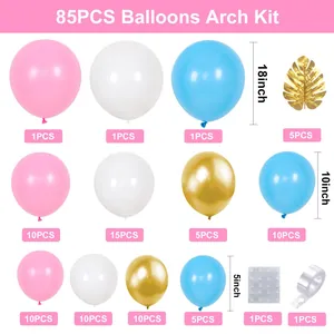 Flat lay of 85pcs macaron balloon arch kit components with leaves and assembly tools