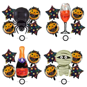 Halloween balloon set featuring pumpkins, stars, wine bottles, and spiders for festive decoration