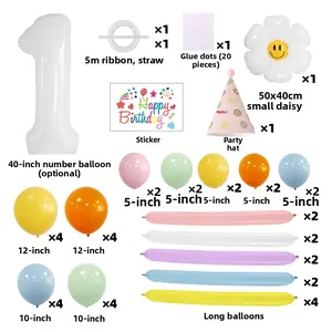 Detail set of daisy party balloons with white number 1 and colorful latex balloons
