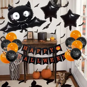 Halloween party set with bat foil balloon, Happy Halloween banner, and festive latex balloons