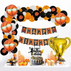 Basketball theme party kit with orange balloon arch, trophy balloon and birthday banner