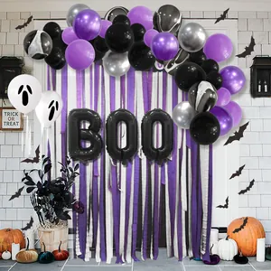 Halloween party balloon arch kit with purple, black balloons and BOO foil letters
