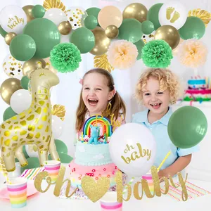 Sage green baby shower kit with giraffe balloon, balloon arch and oh baby banner