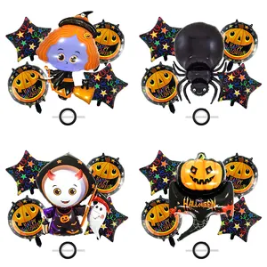 Halloween foil balloon set featuring cartoon witch, spider, ghost, and pumpkin designs
