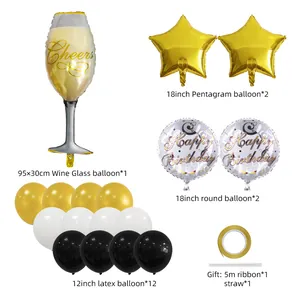 Détail du set de ballons d'anniversaire avec verre à whisky, étoiles et ballons